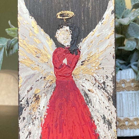 Red Angel Painting on Wood Block. Hand painted. Textured Acrylic Painting - Picture 7 of 8